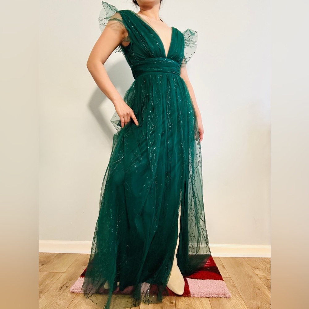 Altar'd State Green sparkling Maxi Dress with Sheer Ruffle Sleeves